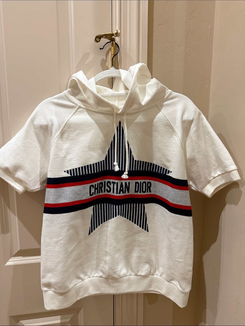 Dior White Hoodie with Navy Star and Red-Trim Stripe. Short sleeve. BNWT